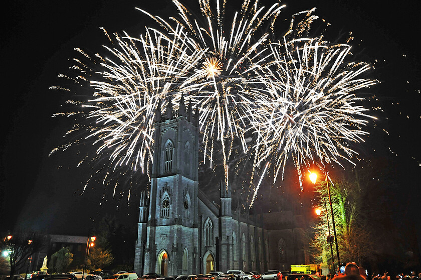 DSC 5981 
 Fireworks over Tuam Cathedral during the Tuam Fire Ceremony for the official Launch of Galway 2020.