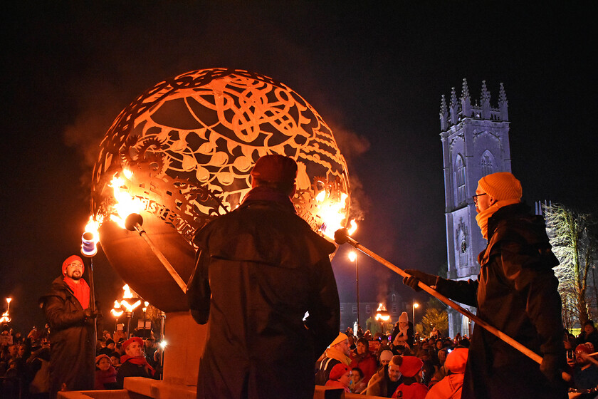 DSC 0048 
 The specially comissioned sphere being lit at the Tuam Fire Ceremony for the official Launch of Galway 2020.